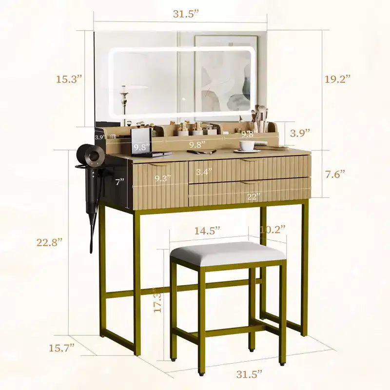 Makeup Vanity Desk with Mirror & Lights, Storage Drawers & Stool for Bedroom