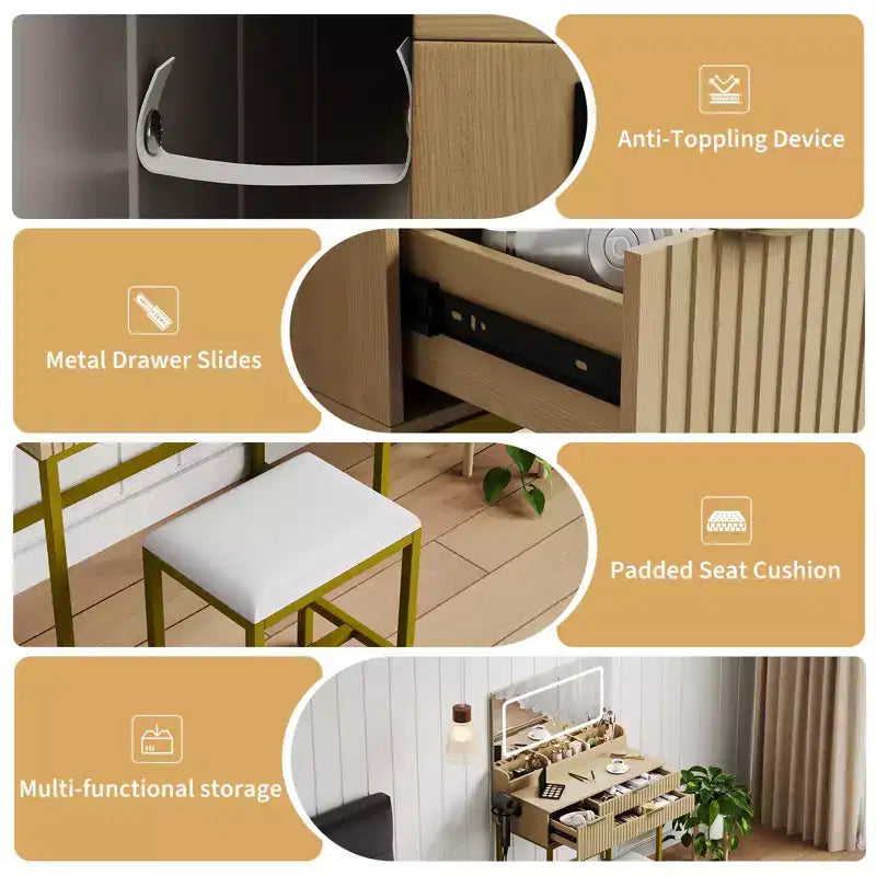 Makeup Vanity Desk with Mirror & Lights, Storage Drawers & Stool for Bedroom