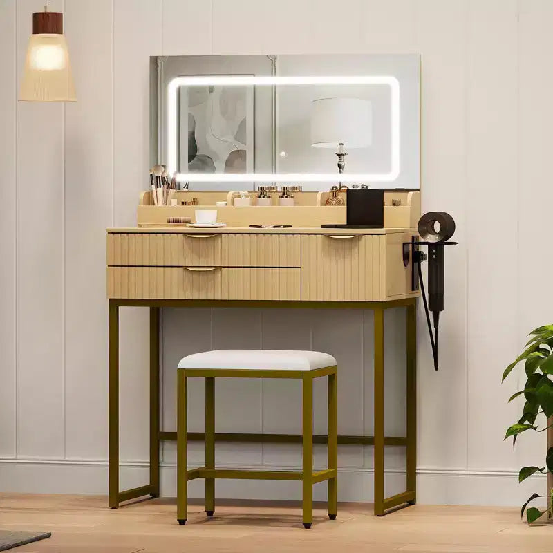 Makeup Vanity Desk with Mirror & Lights, Storage Drawers & Stool for Bedroom