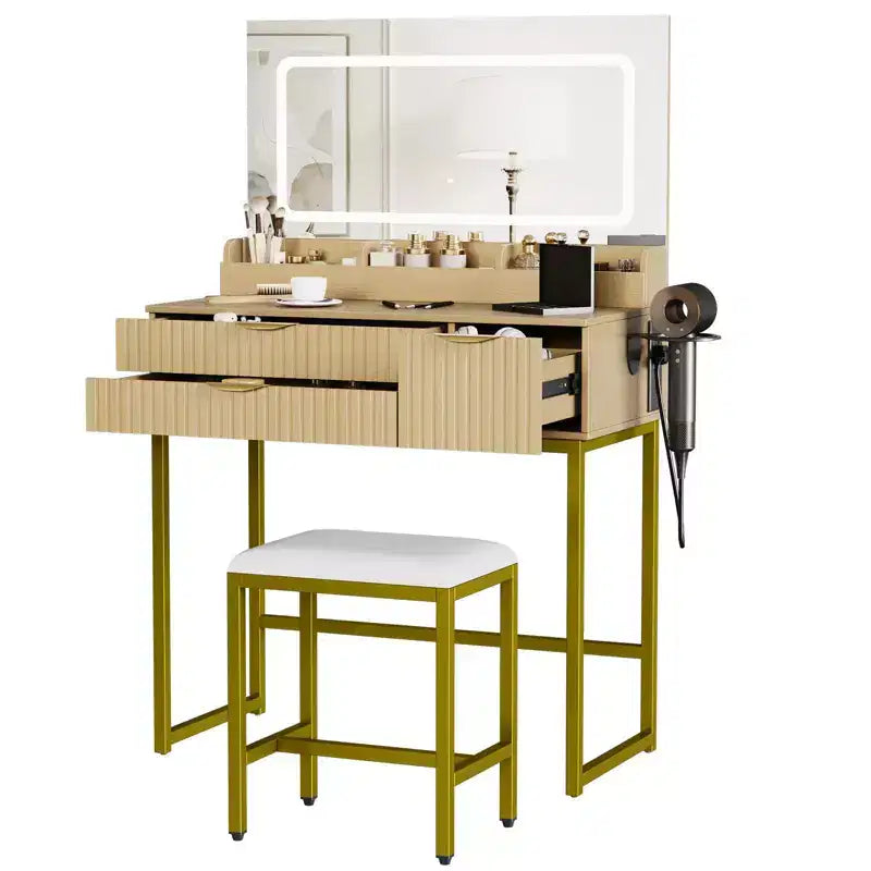 Makeup Vanity Desk with Mirror & Lights, Storage Drawers & Stool for Bedroom