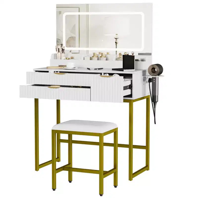 Makeup Vanity Desk with Mirror & Lights, Storage Drawers & Stool for Bedroom