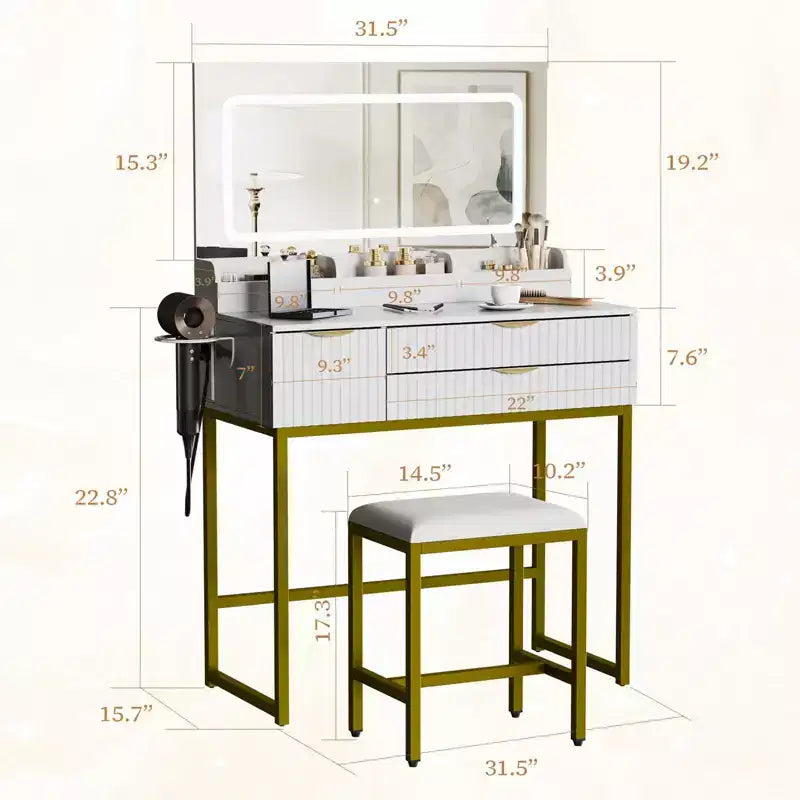 Makeup Vanity Desk with Mirror & Lights, Storage Drawers & Stool for Bedroom