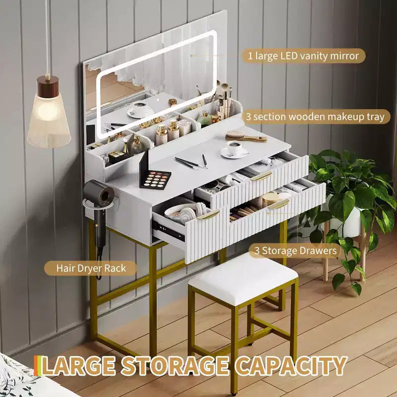 Makeup Vanity Desk with Mirror & Lights, Storage Drawers & Stool for Bedroom