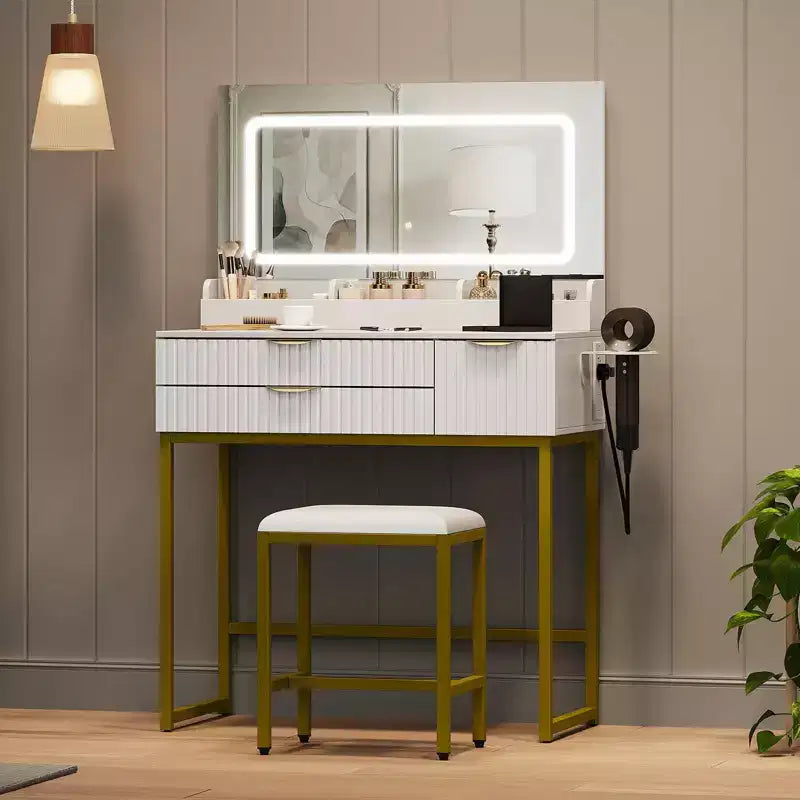 Makeup Vanity Desk with Mirror & Lights, Storage Drawers & Stool for Bedroom