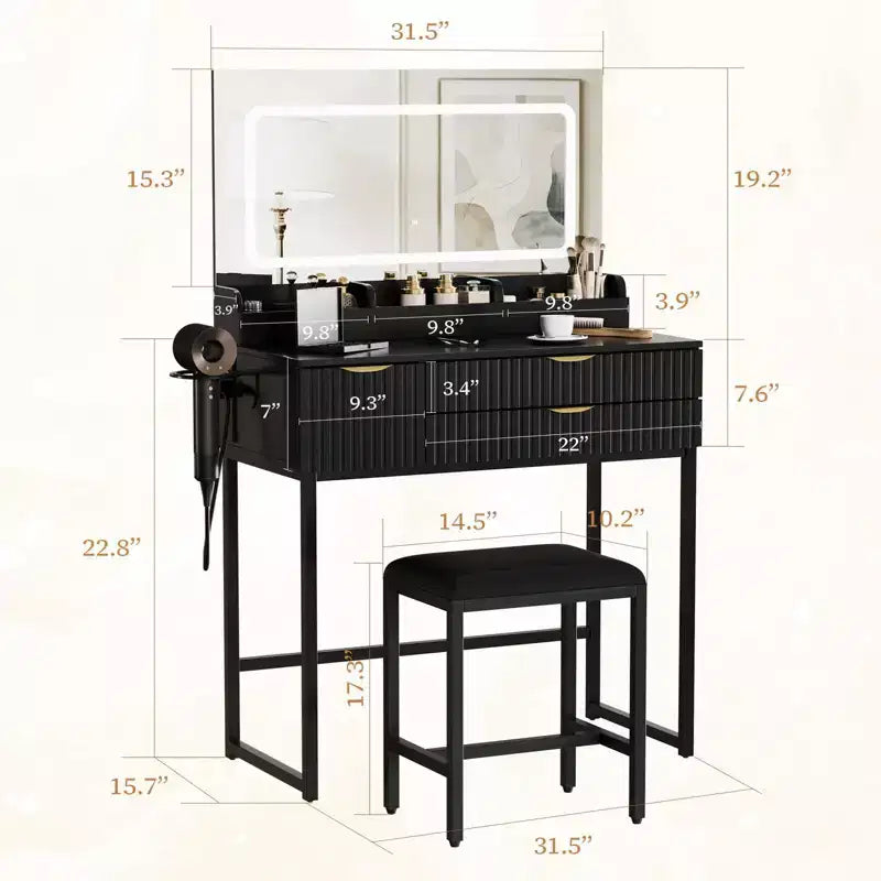 Makeup Vanity Desk with Mirror & Lights, Storage Drawers & Stool for Bedroom