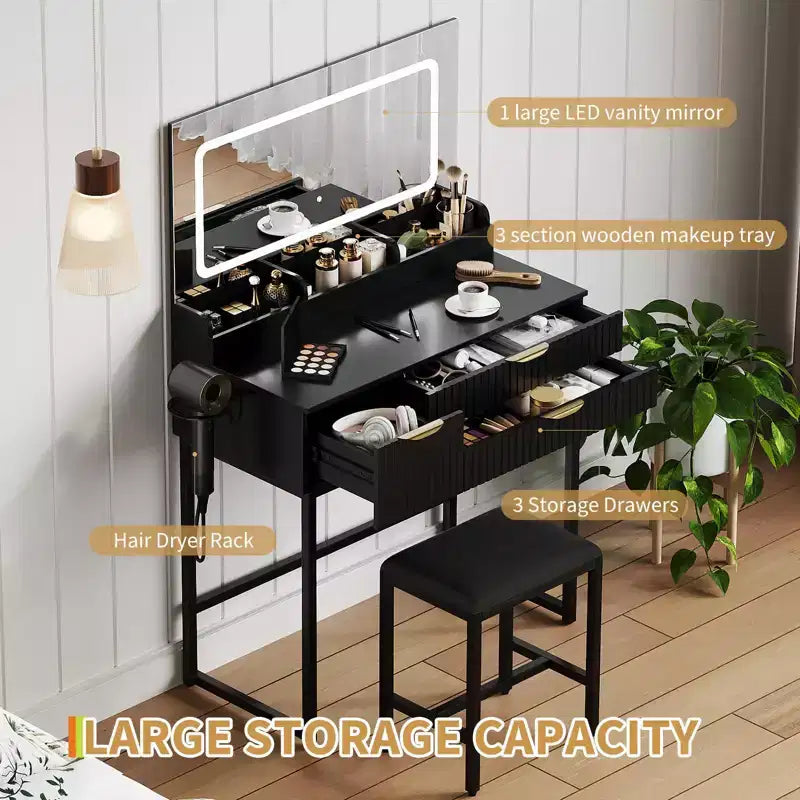 Makeup Vanity Desk with Mirror & Lights, Storage Drawers & Stool for Bedroom