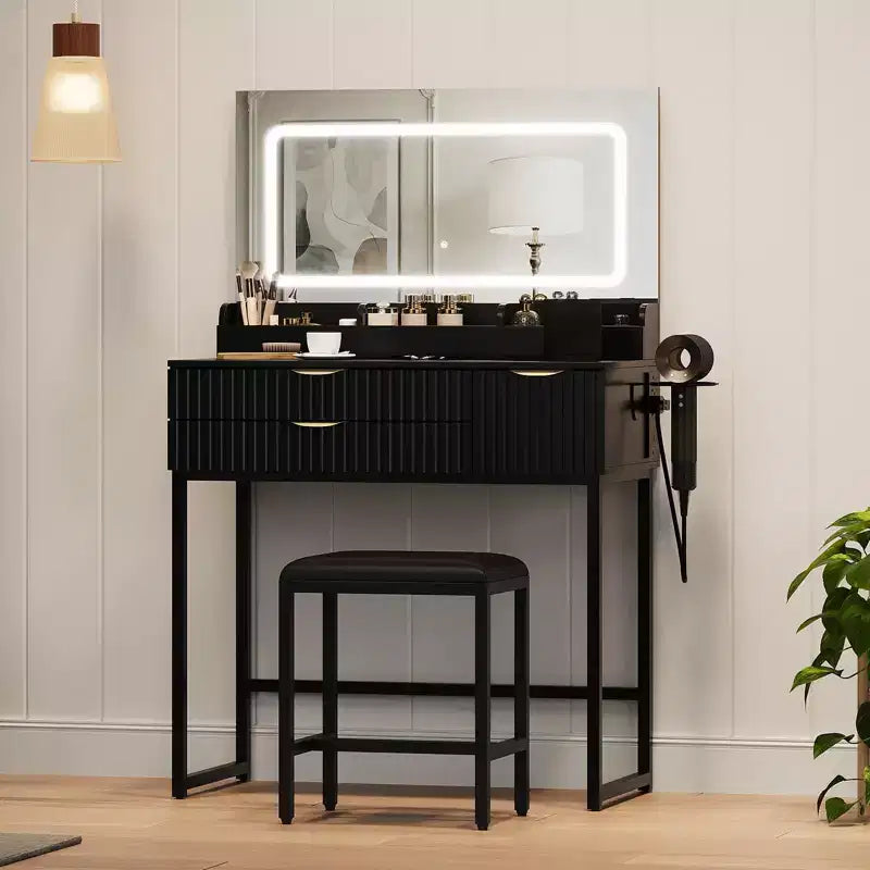 Makeup Vanity Desk with Mirror & Lights, Storage Drawers & Stool for Bedroom