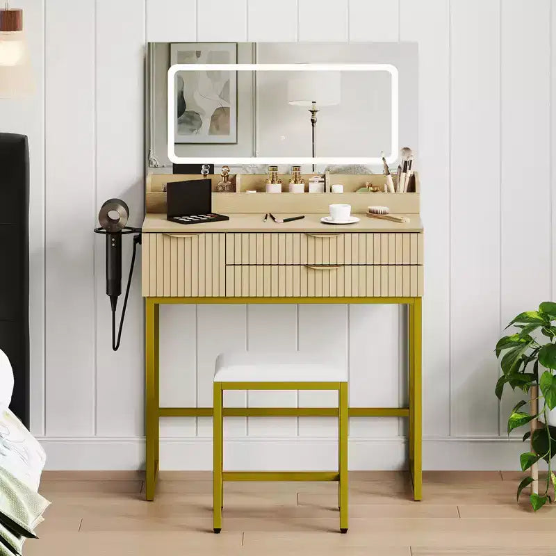 Coiffeuse avec miroir et lumières, tiroirs de rangement et tabouret pour chambre à coucher