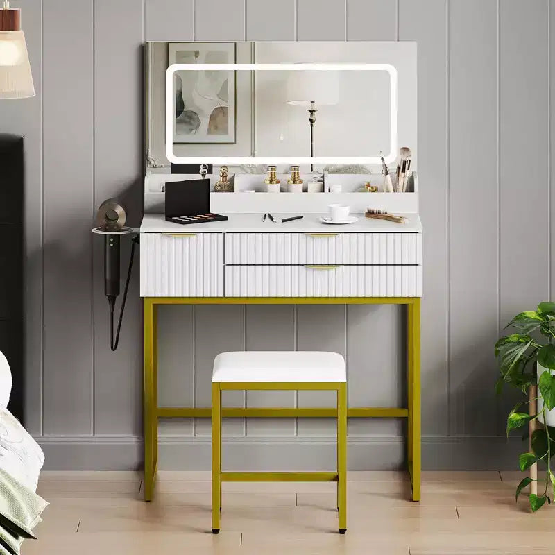 Coiffeuse avec miroir et lumières, tiroirs de rangement et tabouret pour chambre à coucher