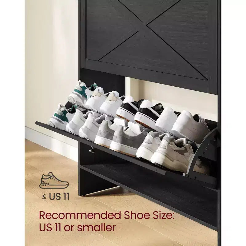 VASAGLE Shoe Storage Cabinet Organizer with 2 Flip Drawers, Freestanding Narrow Shoe Rack Cabinet for Entryway, Farmhouse Style, Fits 14 to 16 Pairs