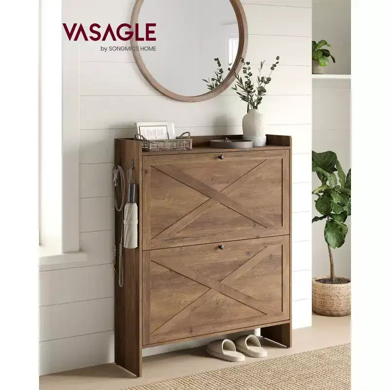 VASAGLE Shoe Storage Cabinet Organizer with 2 Flip Drawers, Freestanding Narrow Shoe Rack Cabinet for Entryway, Farmhouse Style, Fits 14 to 16 Pairs