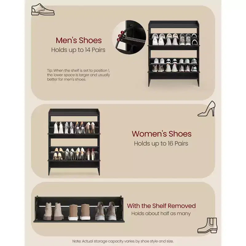 VASAGLE Shoe Storage Cabinet Organizer with 2 Flip Drawers, Freestanding Narrow Shoe Rack Cabinet for Entryway, Farmhouse Style, Fits 14 to 16 Pairs