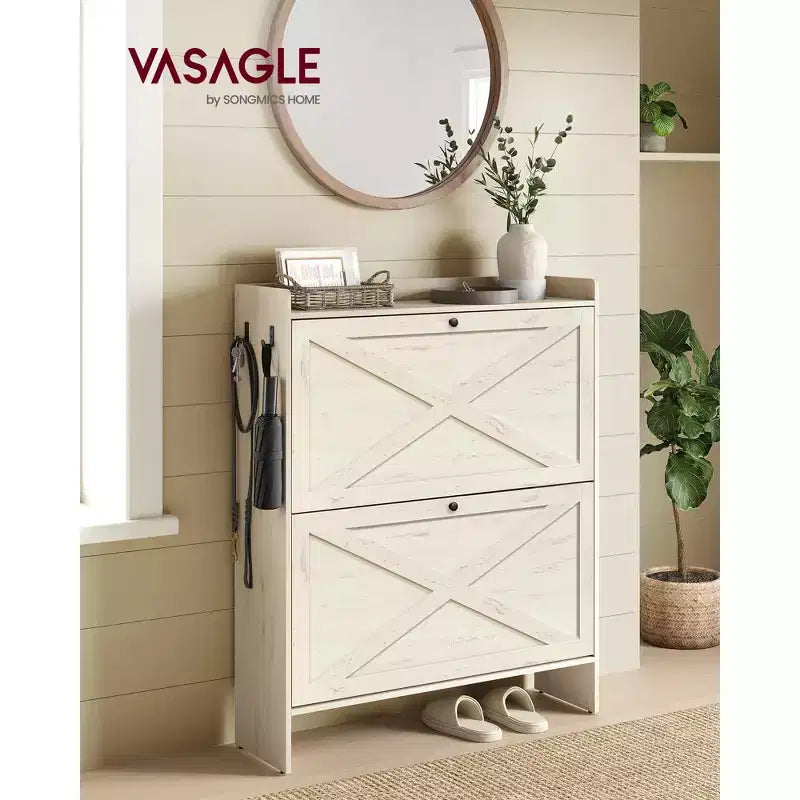 VASAGLE Shoe Storage Cabinet Organizer with 2 Flip Drawers, Freestanding Narrow Shoe Rack Cabinet for Entryway, Farmhouse Style, Fits 14 to 16 Pairs