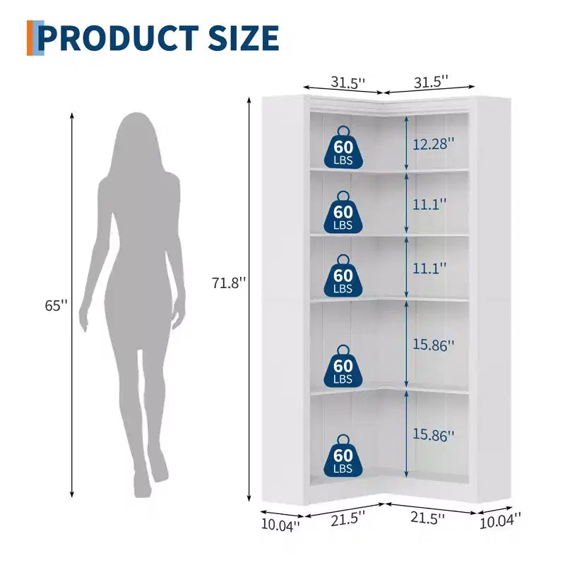 71.8 Inch L-Shaped Corner Bookcase, 5 Tier Heavy Duty Bookshelf with Large Storage Space for Living Room Bedroom