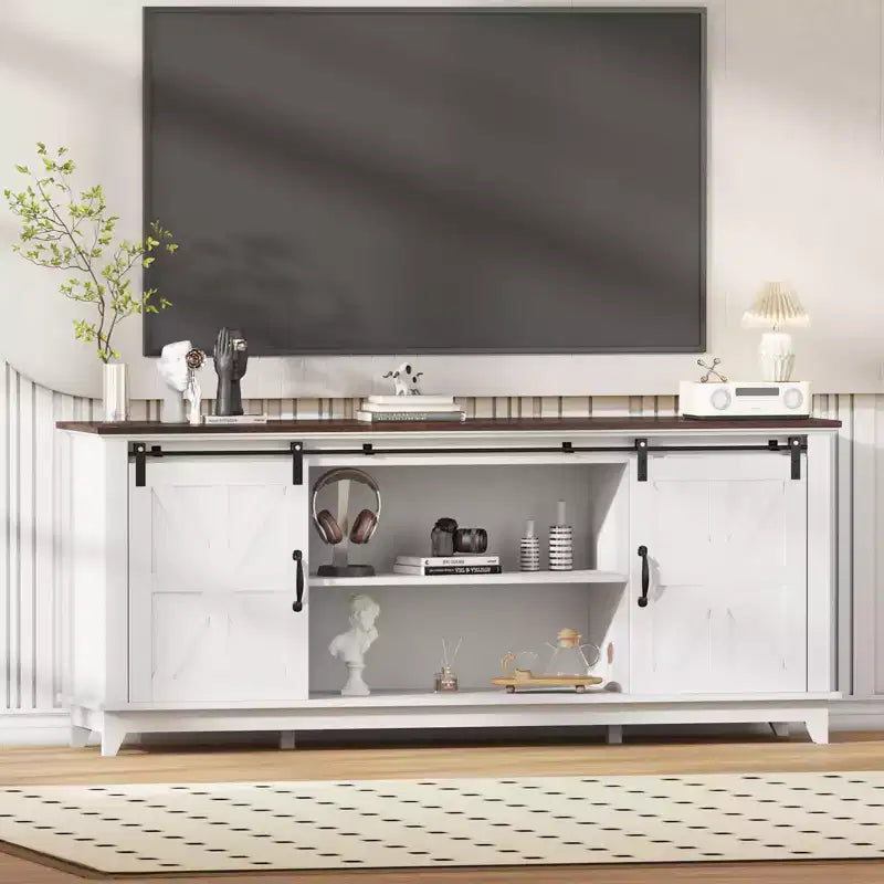 Modern Farmhouse TV Stand for 75 Inch TV - Entertainment Console Table with Sliding Barn Doors - Storage Cabinets for Living Room - 66 Inch