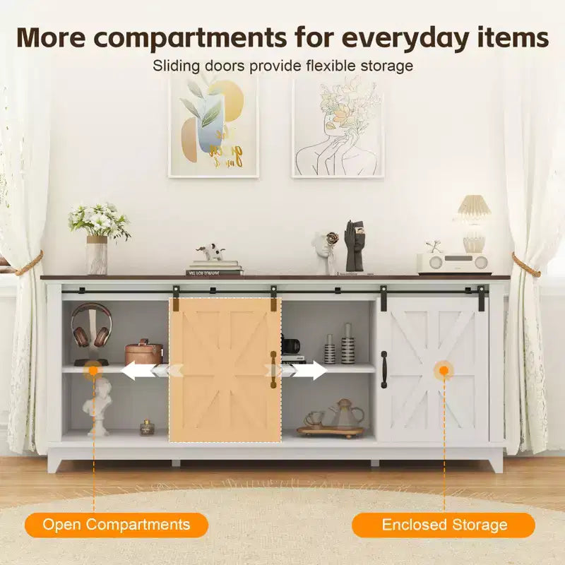 Modern Farmhouse TV Stand for 75 Inch TV - Entertainment Console Table with Sliding Barn Doors - Storage Cabinets for Living Room - 66 Inch