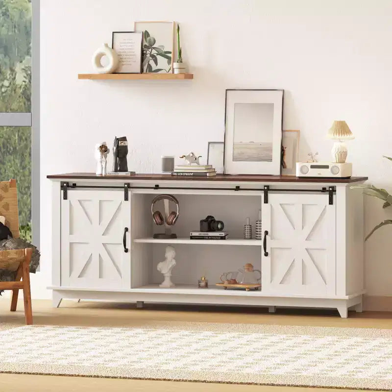 Modern Farmhouse TV Stand for 75 Inch TV - Entertainment Console Table with Sliding Barn Doors - Storage Cabinets for Living Room - 66 Inch