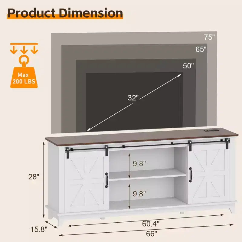Modern Farmhouse TV Stand for 75 Inch TV - Entertainment Console Table with Sliding Barn Doors - Storage Cabinets for Living Room - 66 Inch