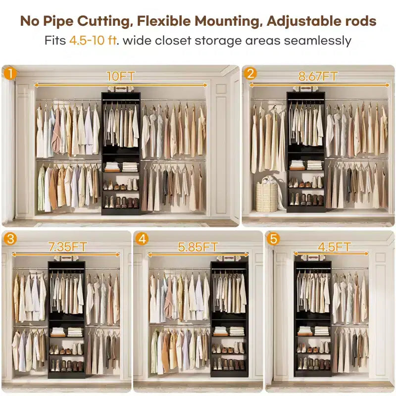 Besiost 5-10FT Closet System with 5 Hanging Rods and Shelves, Expandable Closet Organizer for Bedroom