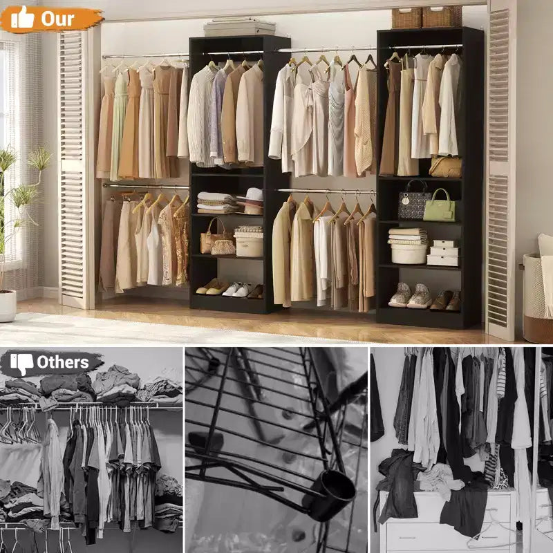 Besiost 5-10FT Closet System with 5 Hanging Rods and Shelves, Expandable Closet Organizer for Bedroom