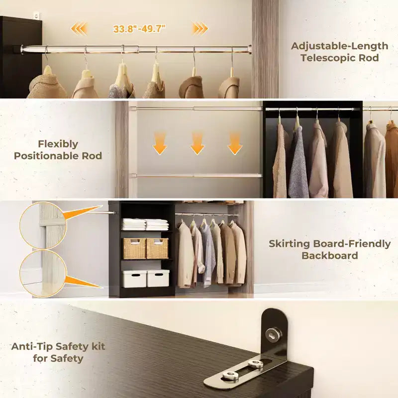Besiost 5-10FT Closet System with 5 Hanging Rods and Shelves, Expandable Closet Organizer for Bedroom