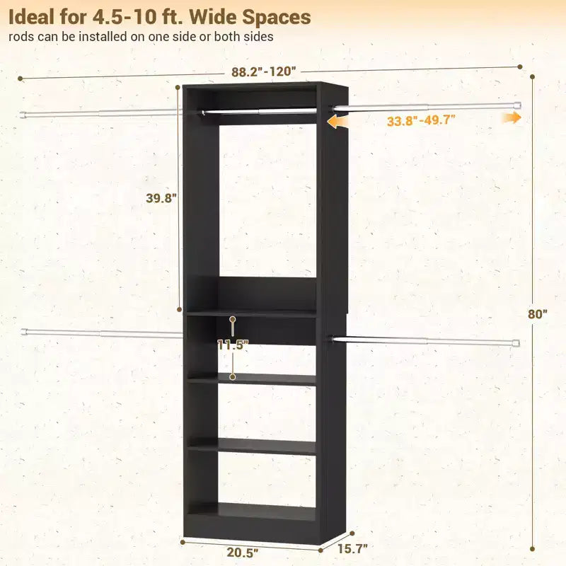 Besiost 5-10FT Closet System with 5 Hanging Rods and Shelves, Expandable Closet Organizer for Bedroom