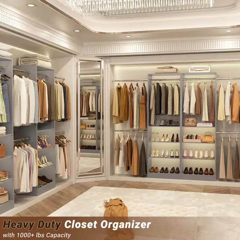 Besiost 5-10FT Closet System with 5 Hanging Rods and Shelves, Expandable Closet Organizer for Bedroom