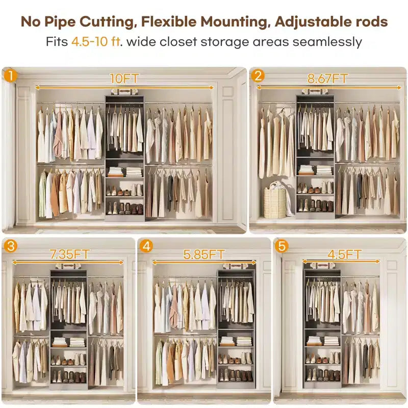 Besiost 5-10FT Closet System with 5 Hanging Rods and Shelves, Expandable Closet Organizer for Bedroom