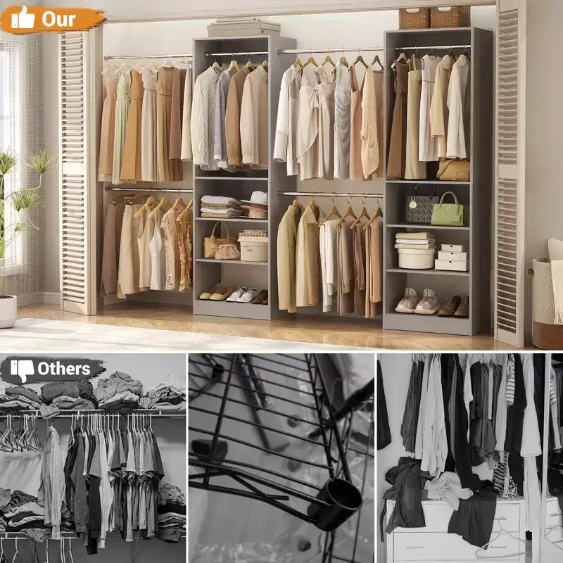 Besiost 5-10FT Closet System with 5 Hanging Rods and Shelves, Expandable Closet Organizer for Bedroom