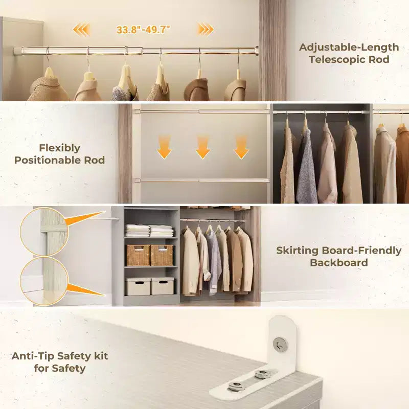 Besiost 5-10FT Closet System with 5 Hanging Rods and Shelves, Expandable Closet Organizer for Bedroom