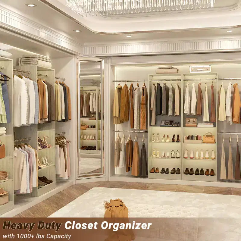 Besiost 5-10FT Closet System with 5 Hanging Rods and Shelves, Expandable Closet Organizer for Bedroom