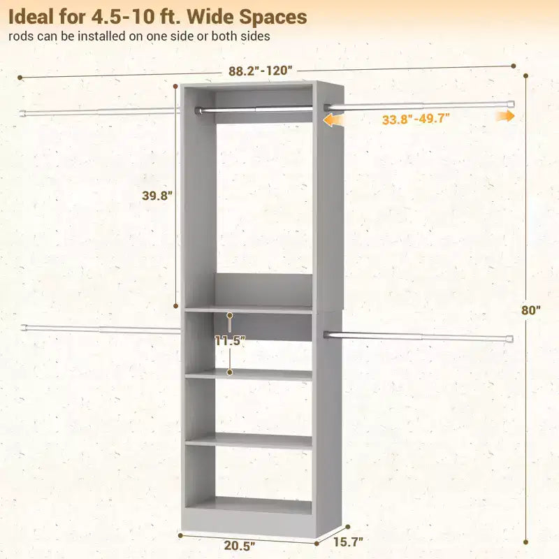 Besiost 5-10FT Closet System with 5 Hanging Rods and Shelves, Expandable Closet Organizer for Bedroom