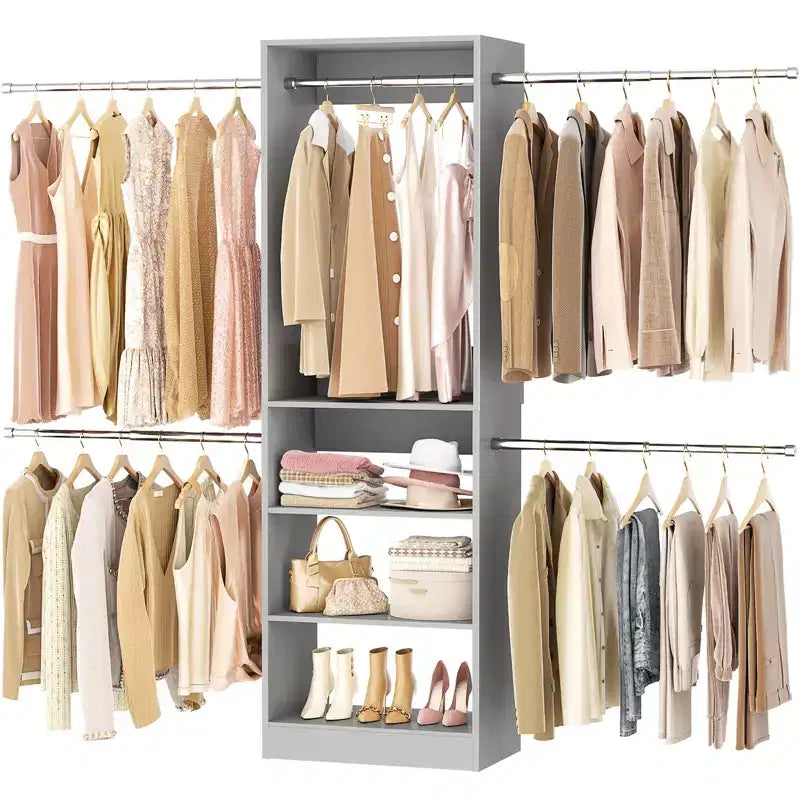 Besiost 5-10FT Closet System with 5 Hanging Rods and Shelves, Expandable Closet Organizer for Bedroom