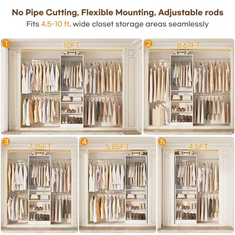 Besiost 5-10FT Closet System with 5 Hanging Rods and Shelves, Expandable Closet Organizer for Bedroom