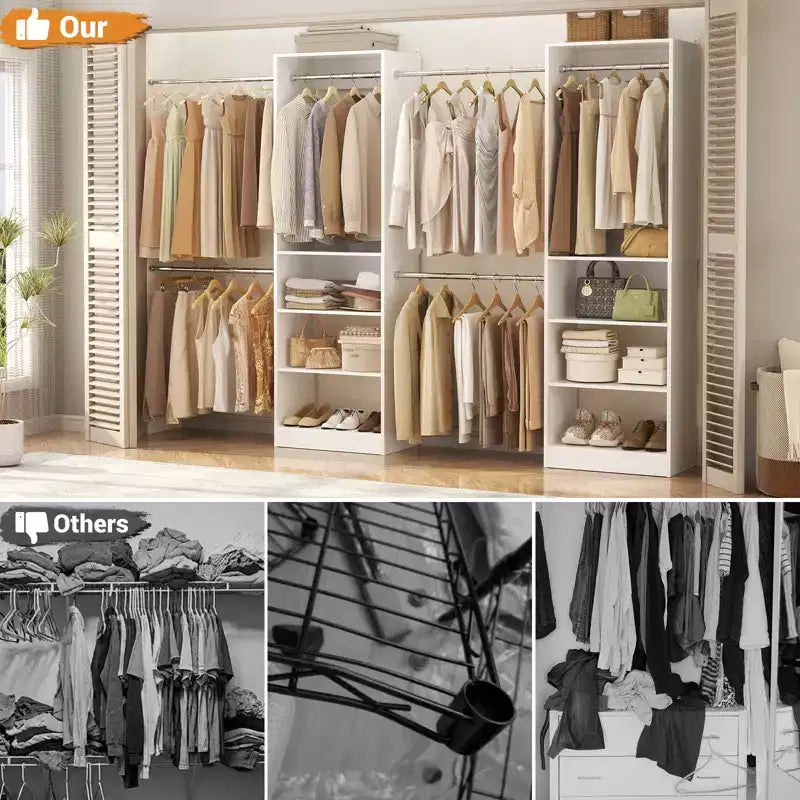 Besiost 5-10FT Closet System with 5 Hanging Rods and Shelves, Expandable Closet Organizer for Bedroom