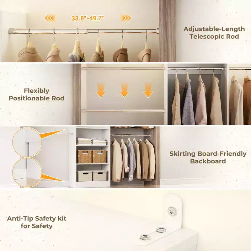 Besiost 5-10FT Closet System with 5 Hanging Rods and Shelves, Expandable Closet Organizer for Bedroom