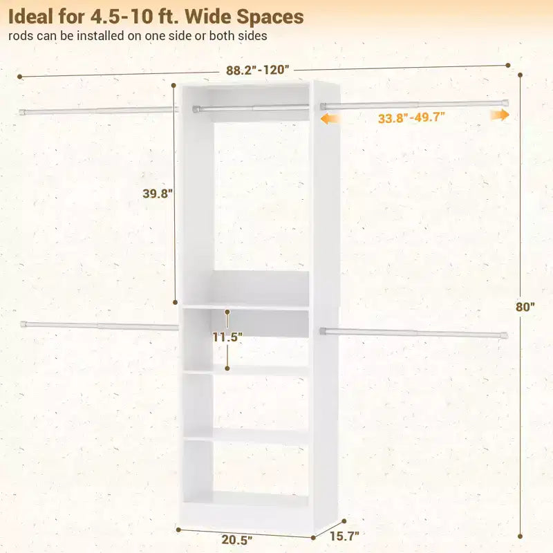 Besiost 5-10FT Closet System with 5 Hanging Rods and Shelves, Expandable Closet Organizer for Bedroom
