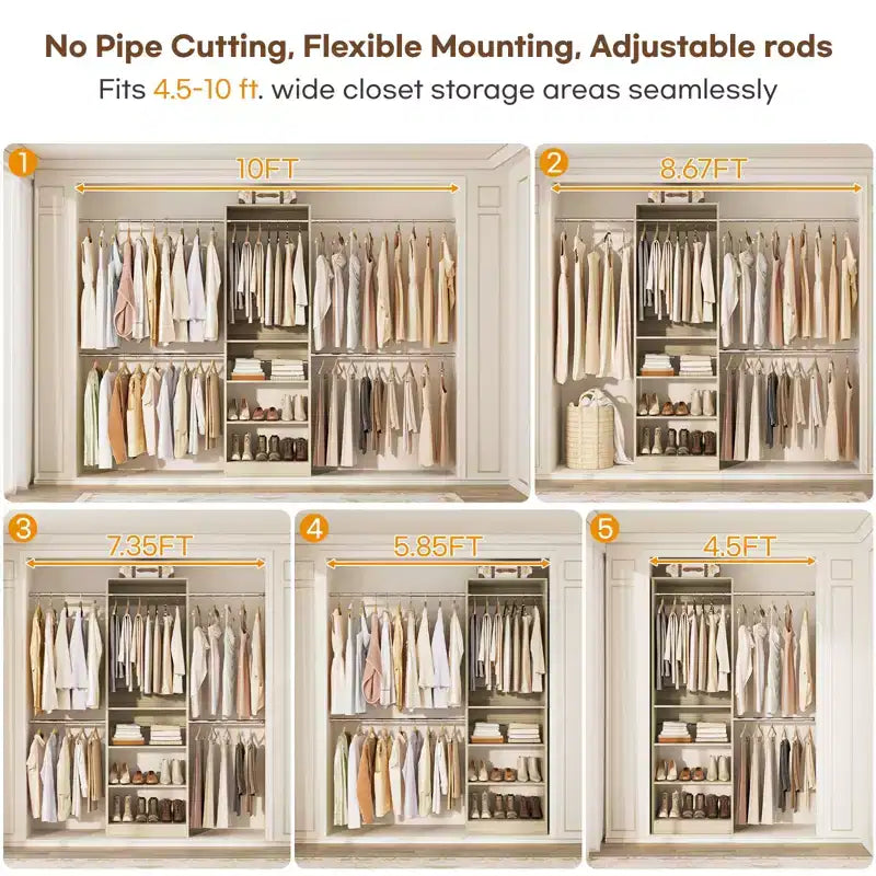 Besiost 5-10FT Closet System with 5 Hanging Rods and Shelves, Expandable Closet Organizer for Bedroom