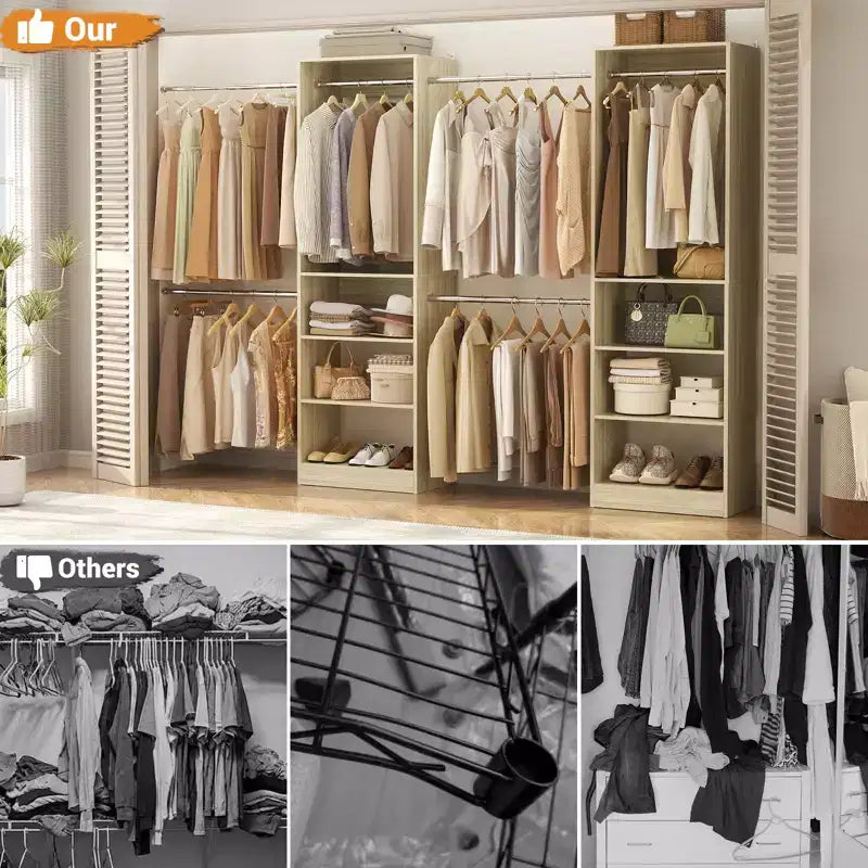 Besiost 5-10FT Closet System with 5 Hanging Rods and Shelves, Expandable Closet Organizer for Bedroom