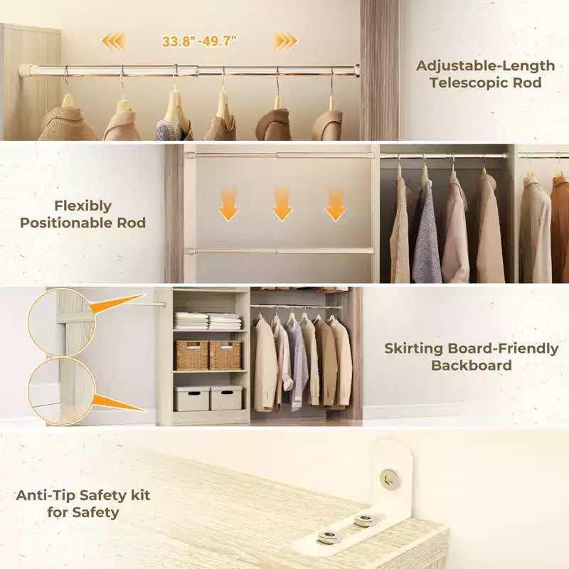 Besiost 5-10FT Closet System with 5 Hanging Rods and Shelves, Expandable Closet Organizer for Bedroom