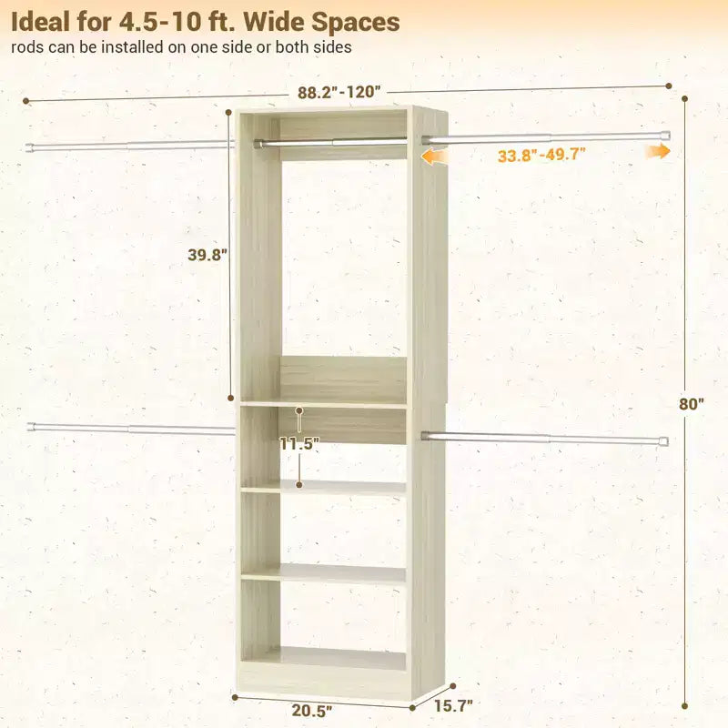Besiost 5-10FT Closet System with 5 Hanging Rods and Shelves, Expandable Closet Organizer for Bedroom