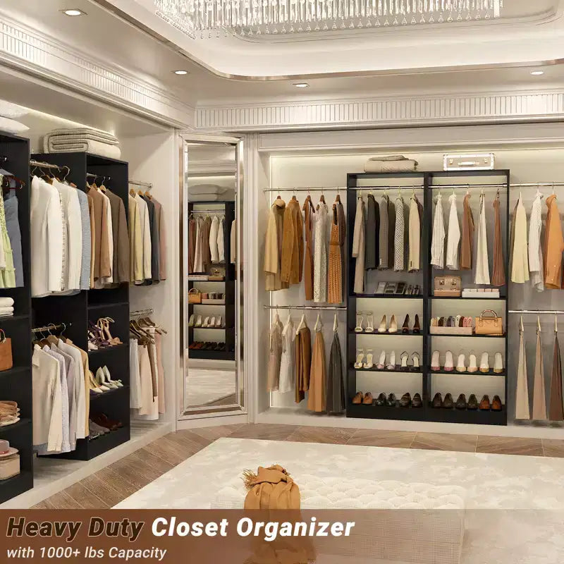 Besiost 5-10FT Closet System with 5 Hanging Rods and Shelves, Expandable Closet Organizer for Bedroom