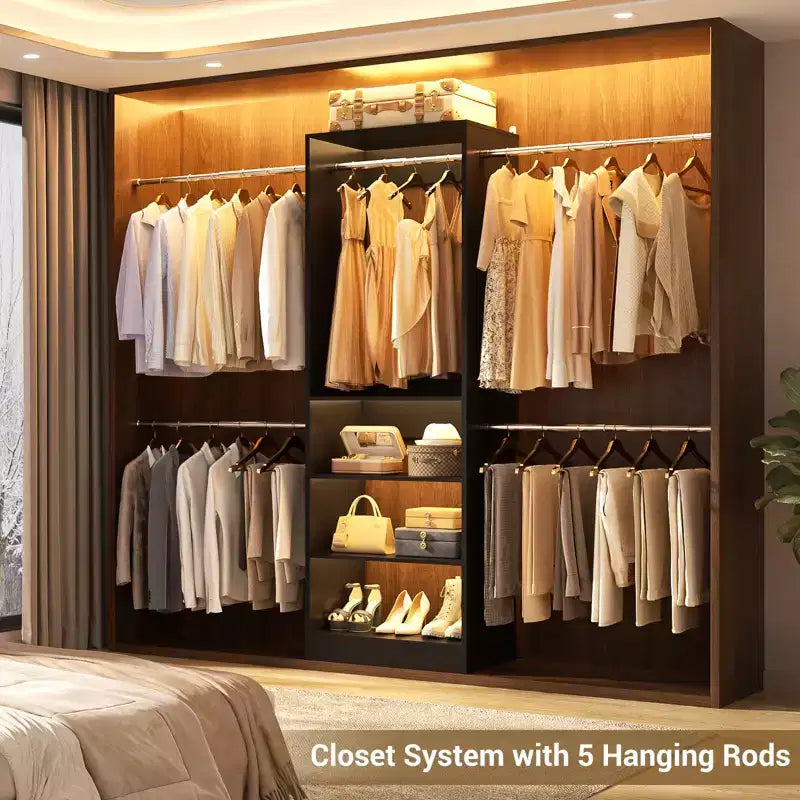 Besiost Système de Rangement pour Placard de 1,5 à 3 mètres avec 5 Tringles de Suspension et Étagères, Organiseur de Placard Extensible pour Chambre à Coucher