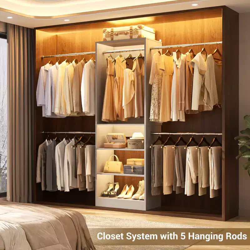 Besiost Système de Rangement pour Placard de 1,5 à 3 mètres avec 5 Tringles de Suspension et Étagères, Organiseur de Placard Extensible pour Chambre à Coucher