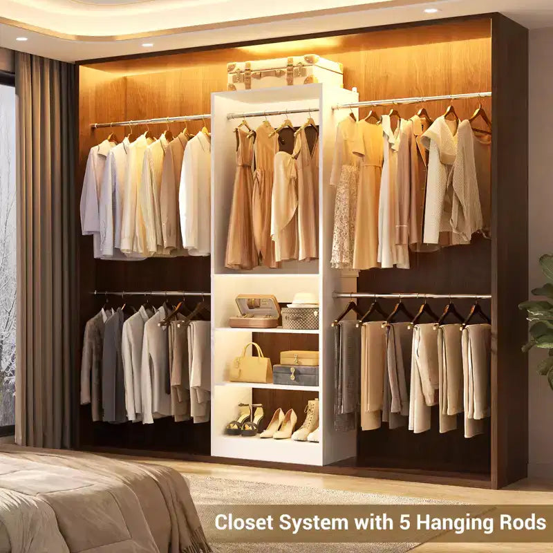 Besiost Système de Rangement pour Placard de 1,5 à 3 mètres avec 5 Tringles de Suspension et Étagères, Organiseur de Placard Extensible pour Chambre à Coucher