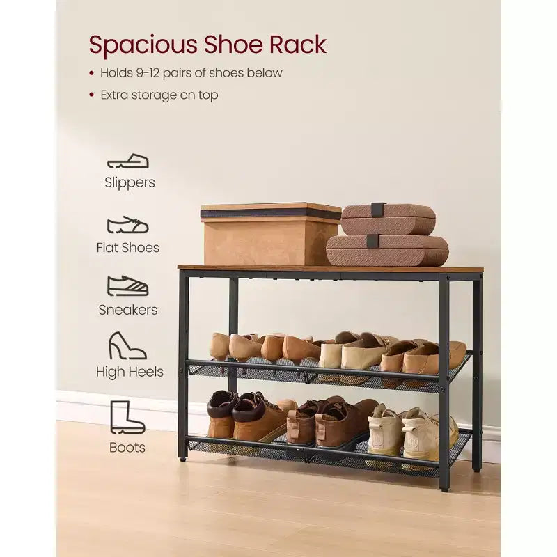 VASAGLE Shoe Rack for Entryway, 3-Tier Shoe Rack Organizer with Storage Shelves, Freestanding, Adjustable, Rustic Brown and Ink Black