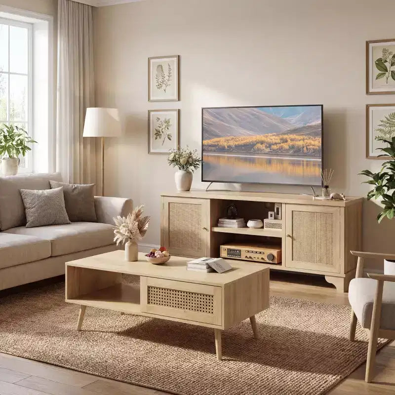 Living Room Table Sets of 2, Includes 47 Rattan TV Stand Storage Cabinet for 55 TV, Farmhouse Coffee Table with Storage Shelf for Bedroom