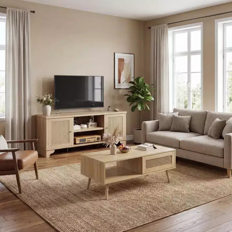 Living Room Table Sets of 2, Includes 47 Rattan TV Stand Storage Cabinet for 55 TV, Farmhouse Coffee Table with Storage Shelf for Bedroom