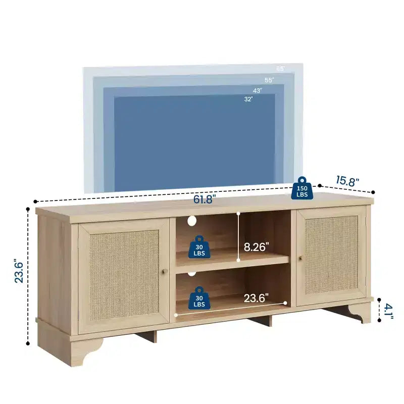 Living Room Table Sets of 2, Includes 47 Rattan TV Stand Storage Cabinet for 55 TV, Farmhouse Coffee Table with Storage Shelf for Bedroom
