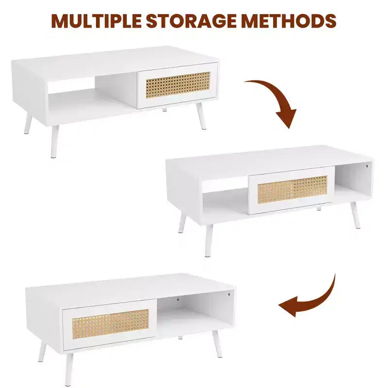 Living Room Table Sets of 2, Includes 47 Rattan TV Stand Storage Cabinet for 55 TV, Farmhouse Coffee Table with Storage Shelf for Bedroom